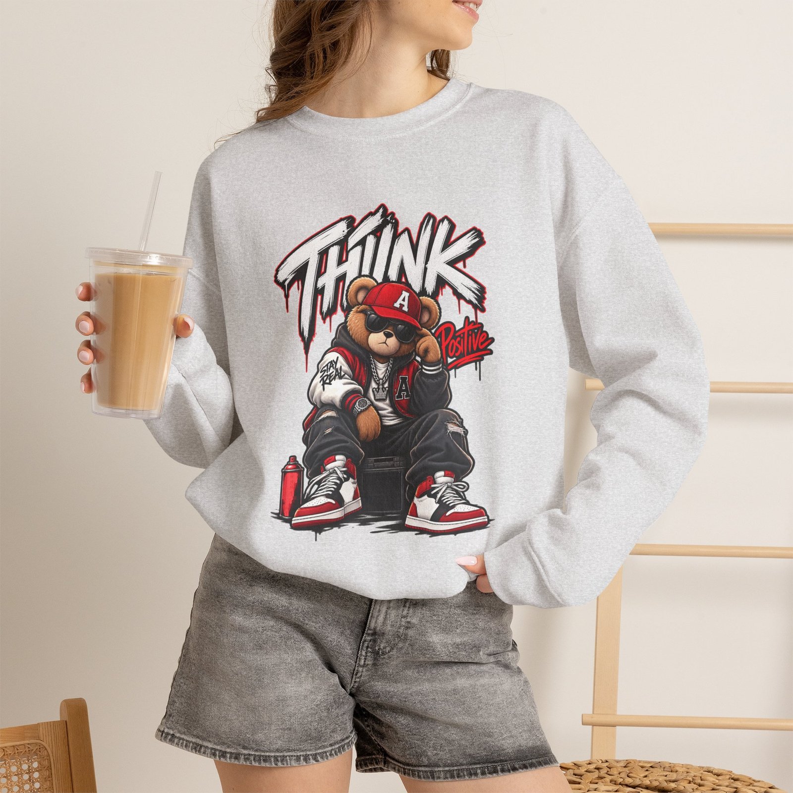 Think Bear Streetwear Crewneck Sweatshirt — Urban Graffiti Teddy Design - Image 9