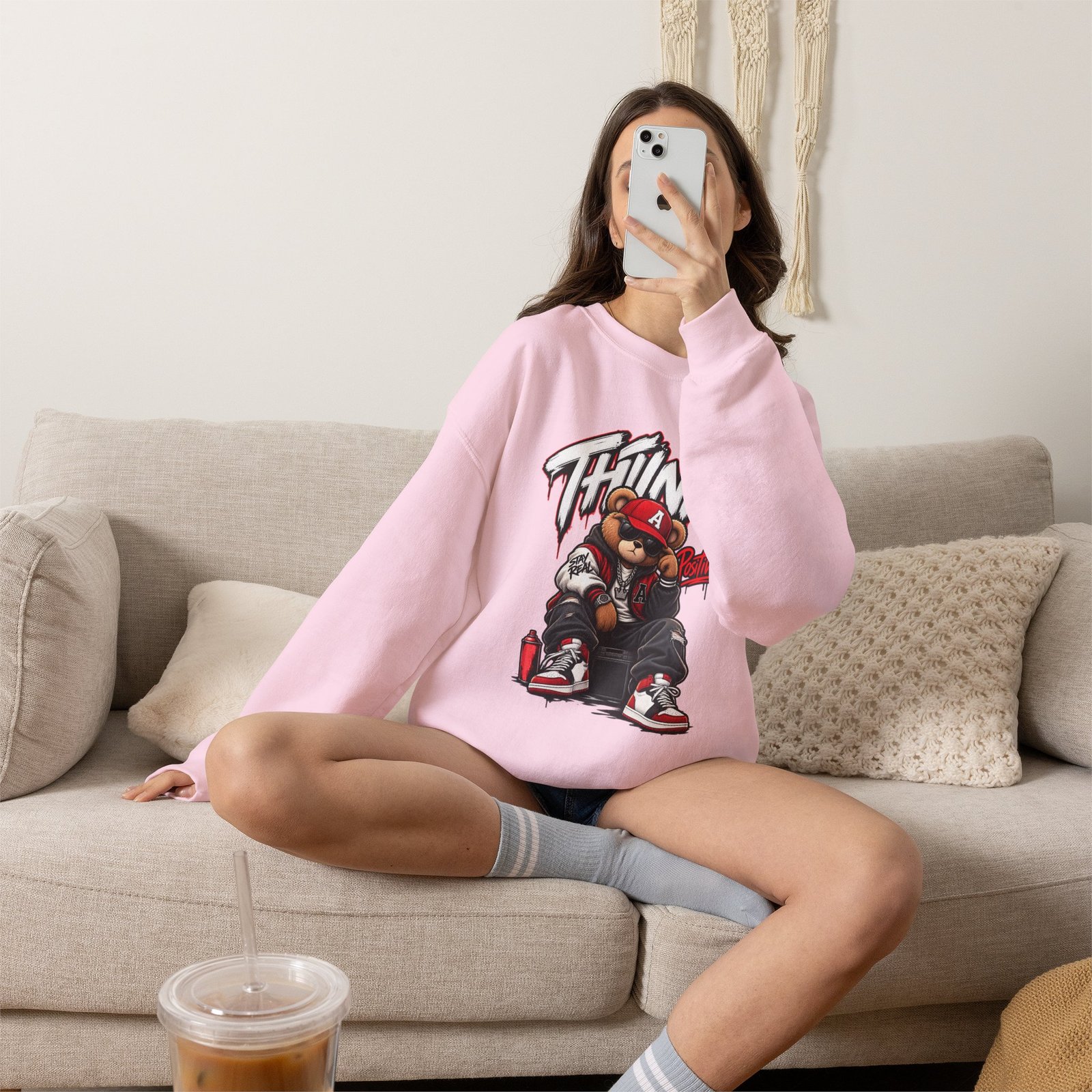 Think Bear Streetwear Crewneck Sweatshirt — Urban Graffiti Teddy Design - Image 25